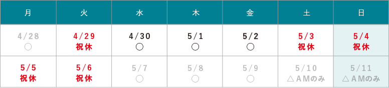 GW休診のお知らせ 4/29（火）・5/3（土）～5/6（火）は休診となります。は休診となります。