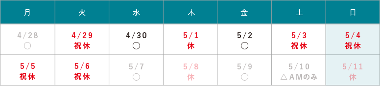 GW休診のお知らせ 4/29(火)・5/3(土)~5/6(火)は休診となります。