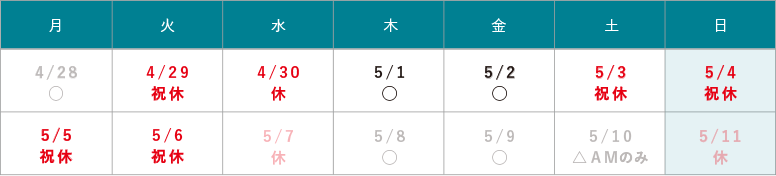 GW休診のお知らせ 4/29（火）・5/3（土）～5/6（火）は休診となります。