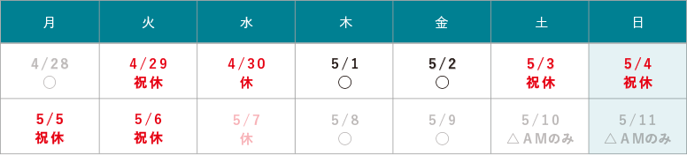GW休診のお知らせ 4/29（火）・5/3（土）～5/6（火）は休診となります。