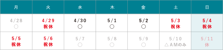 GW休診のお知らせ 4/29（火）・5/3（土）～5/6（火）は休診となります。